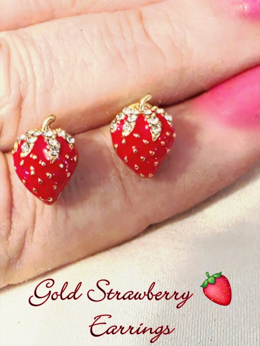 Small Red Strawberry Crystal Stud Earrings -golden Seeds Stud Earrings - Picture 1 of 5
